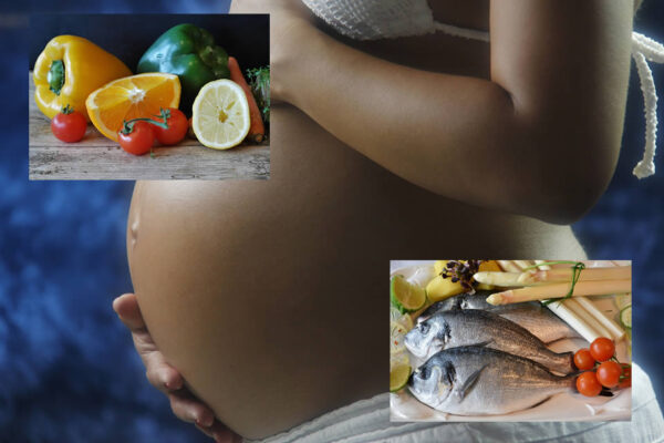 Donna in gravidanza con pesce e vegetali